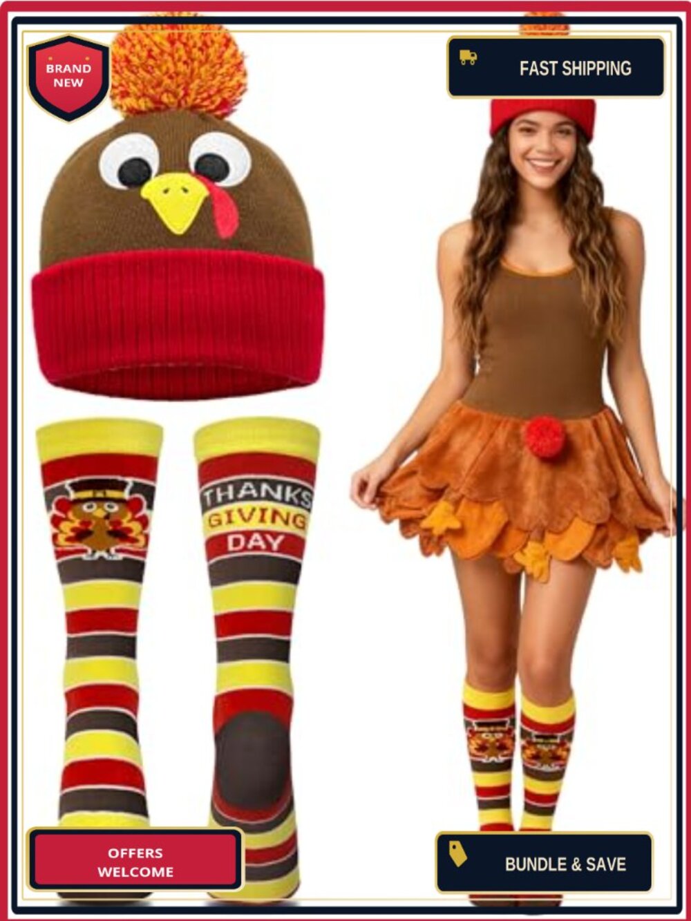 Turkey Beanie Hat & Socks Set Knit Thanksgiving Costume Accessory